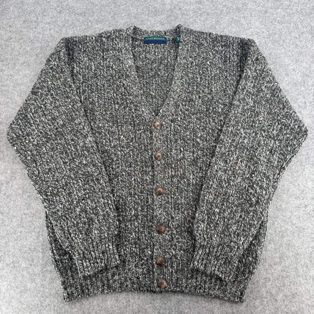 Claybrooke Cardigan Men XL Gray Marled Chunky Knit Button EUC